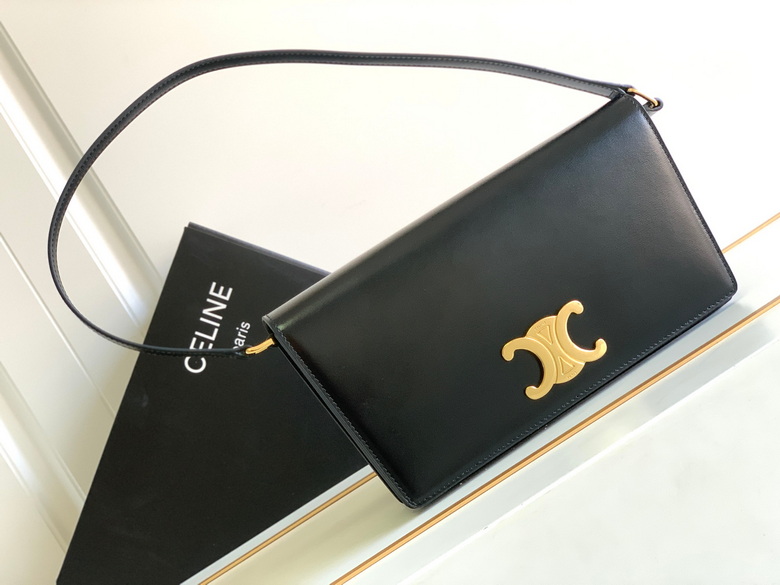 Celine Triomphe Flap Shoulder Bag in Black Smooth Leather with Gold Hardware