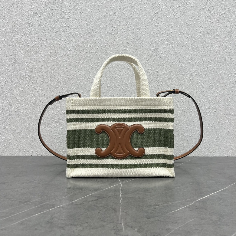 Celine Small Cabas Thais Tote in Striped Textile with Triomphe Logo, Green and White