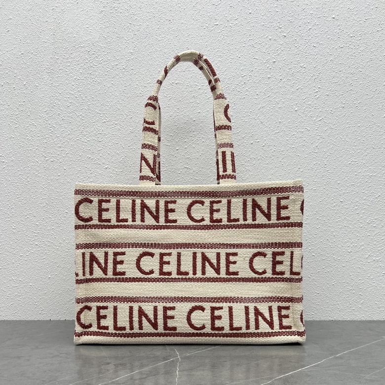 Celine Horizontal Cabas Tote in Cream and Burgundy Striped Logo Textile